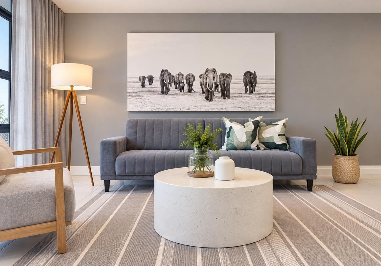 Airhost apartment lounge with elephant print and tripod lamp